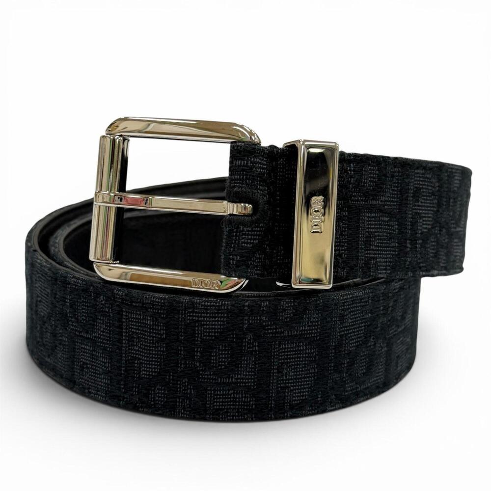 DIOR Homme Canvas Leather Oblique Pin Buckle Belt, Black with Silver Hardware...
